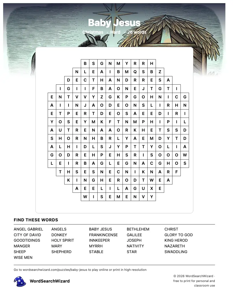 Baby Jesus word search printable sheet, 26 words to find