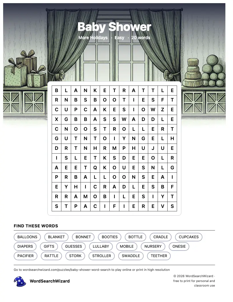Baby Shower word search printable sheet, 20 words to find