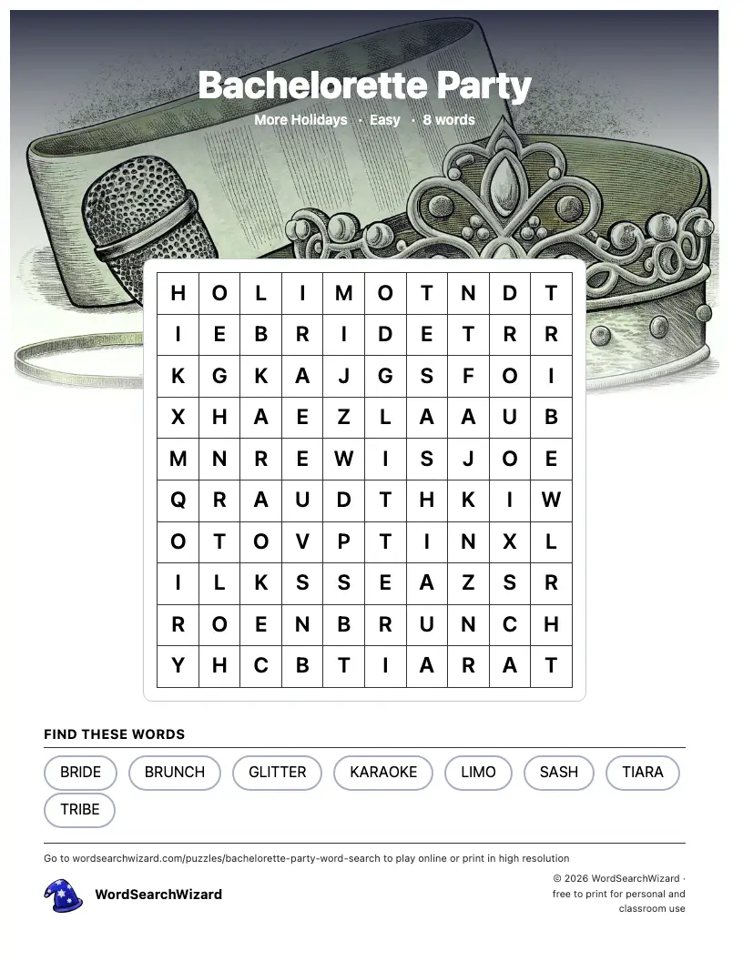 Bachelorette Party word search printable sheet, 8 words to find