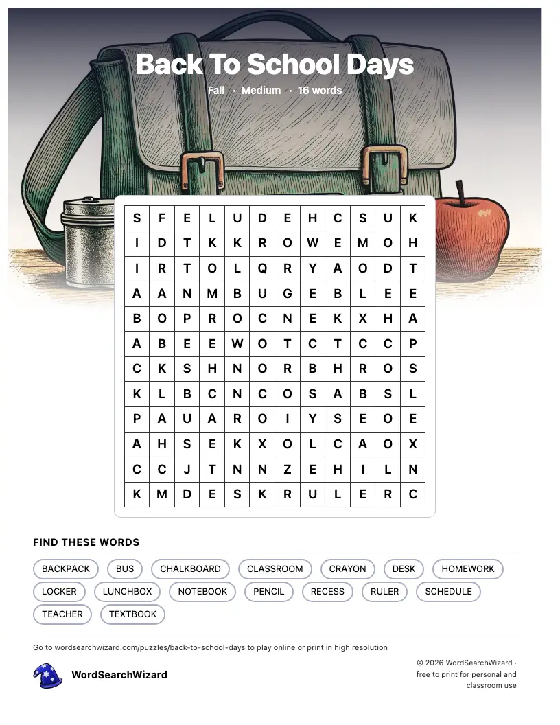 Back To School Days word search printable sheet, 16 words to find