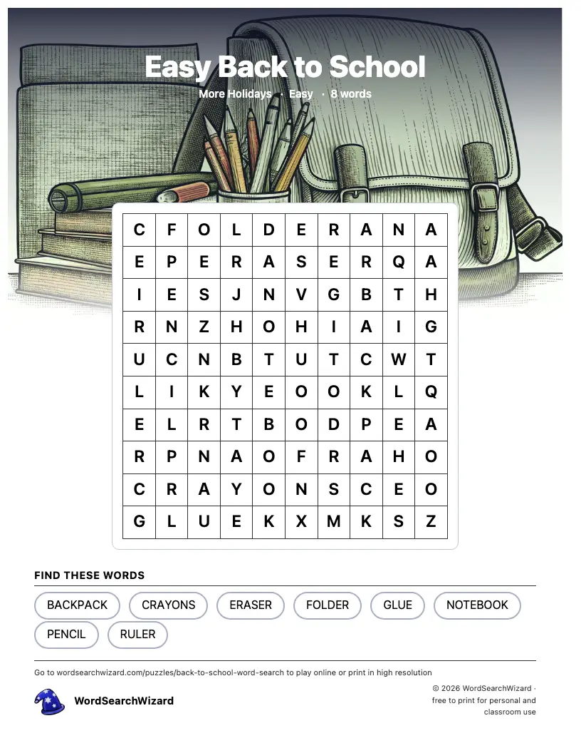 Easy Back to School word search printable sheet, 8 words to find