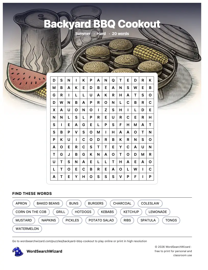 Backyard BBQ Cookout word search printable sheet, 20 words to find