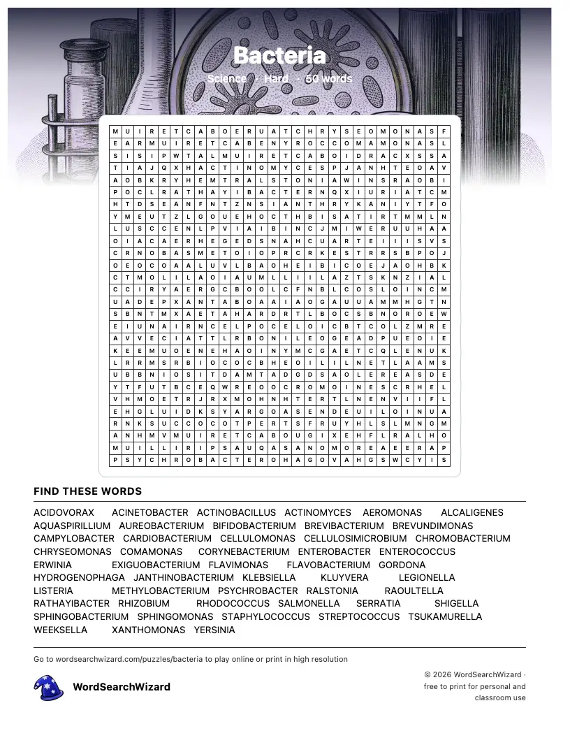 Bacteria word search printable sheet, 50 words to find