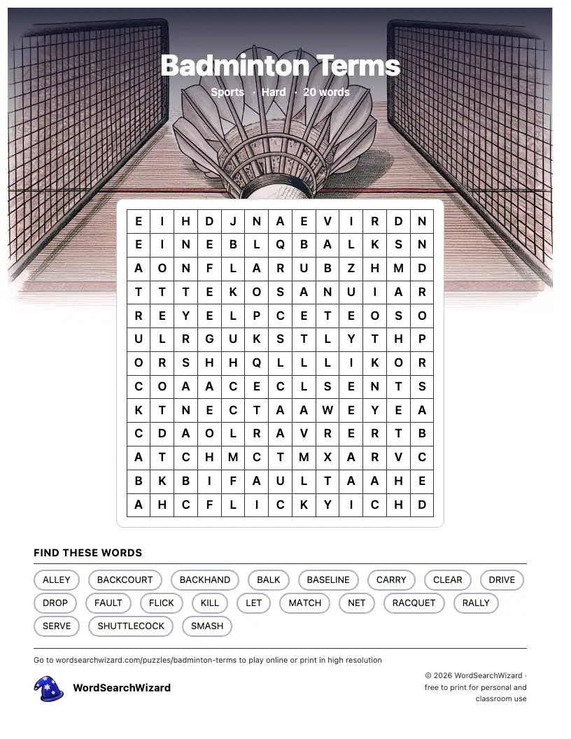 Badminton Terms word search printable sheet, 20 words to find