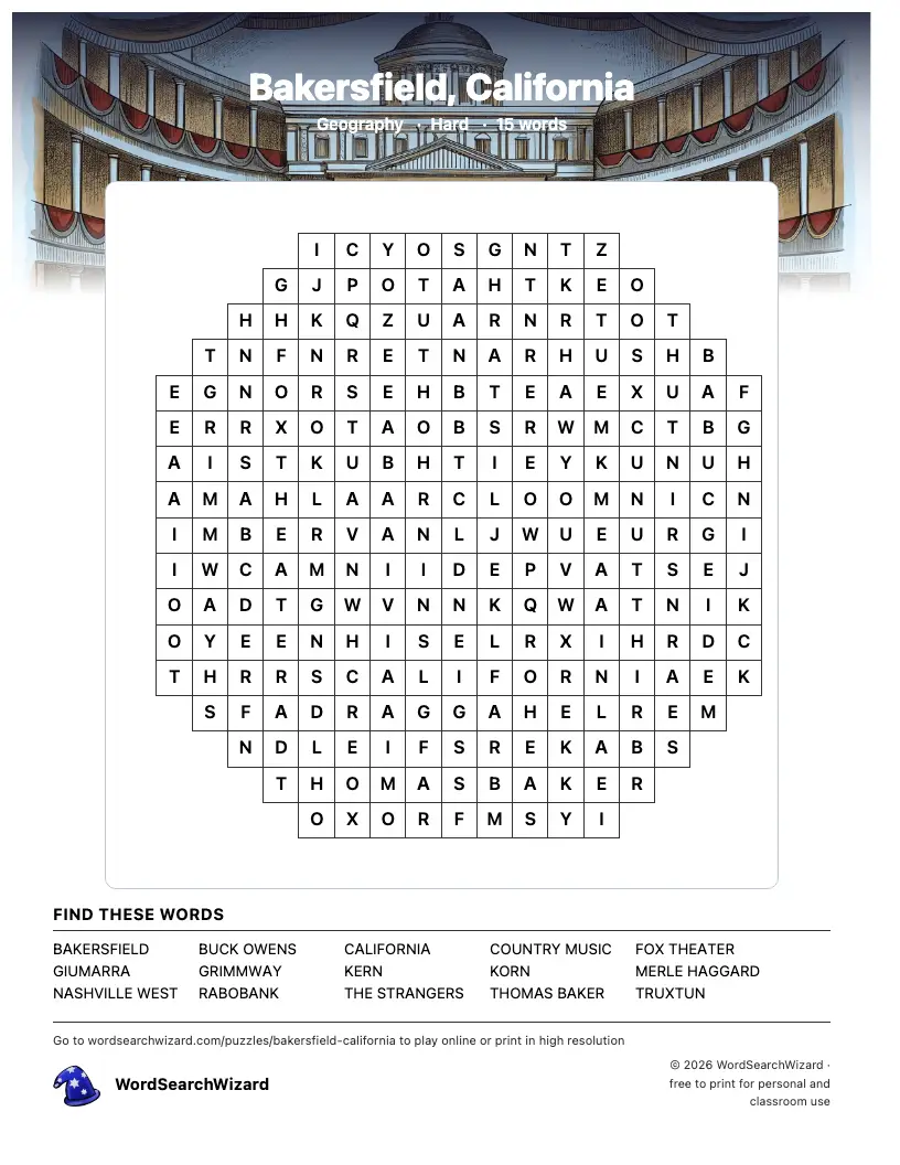 Bakersfield, California word search printable sheet, 15 words to find