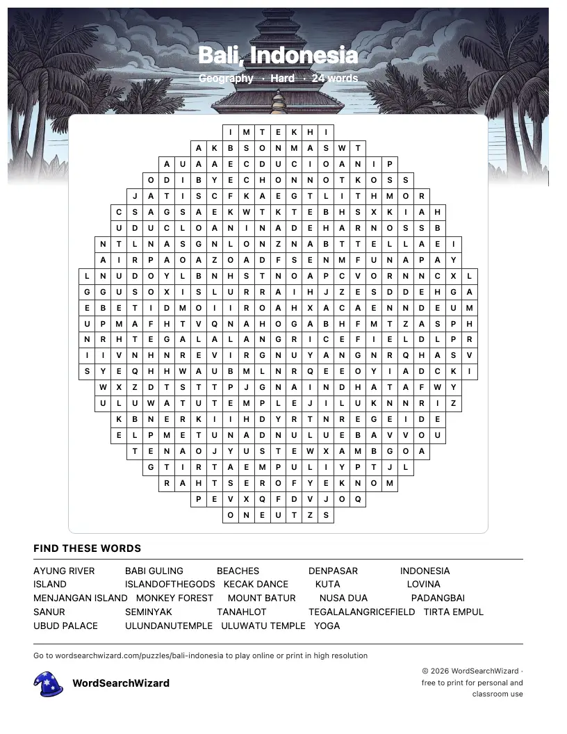 Bali, Indonesia word search printable sheet, 24 words to find