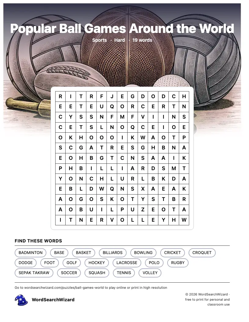 Popular Ball Games Around the World word search printable sheet, 19 words to find