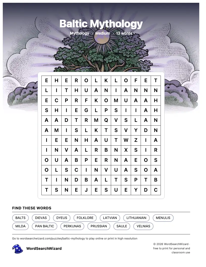 Baltic Mythology word search printable sheet, 13 words to find