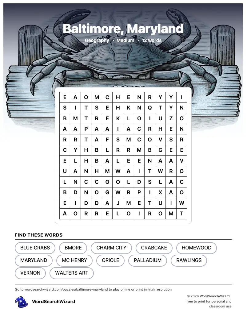 Baltimore, Maryland word search printable sheet, 12 words to find