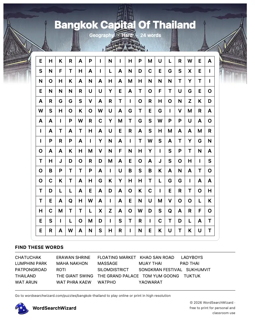 Bangkok Capital Of Thailand word search printable sheet, 24 words to find
