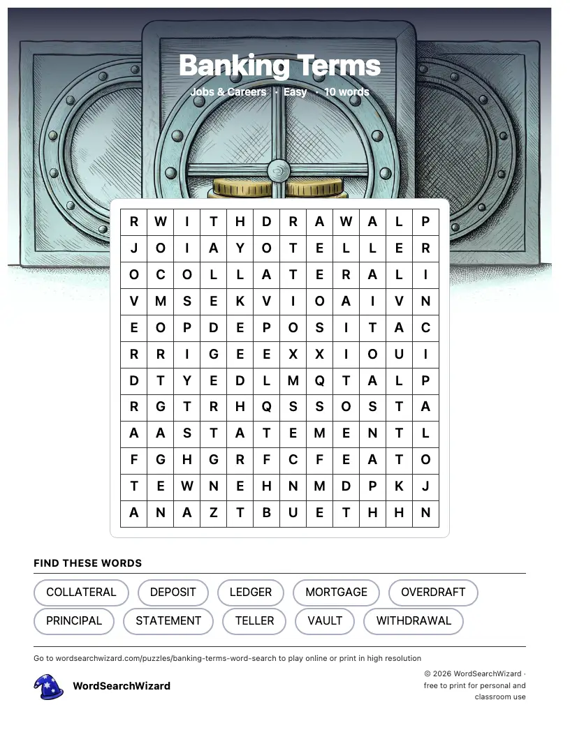 Banking Terms word search printable sheet, 10 words to find