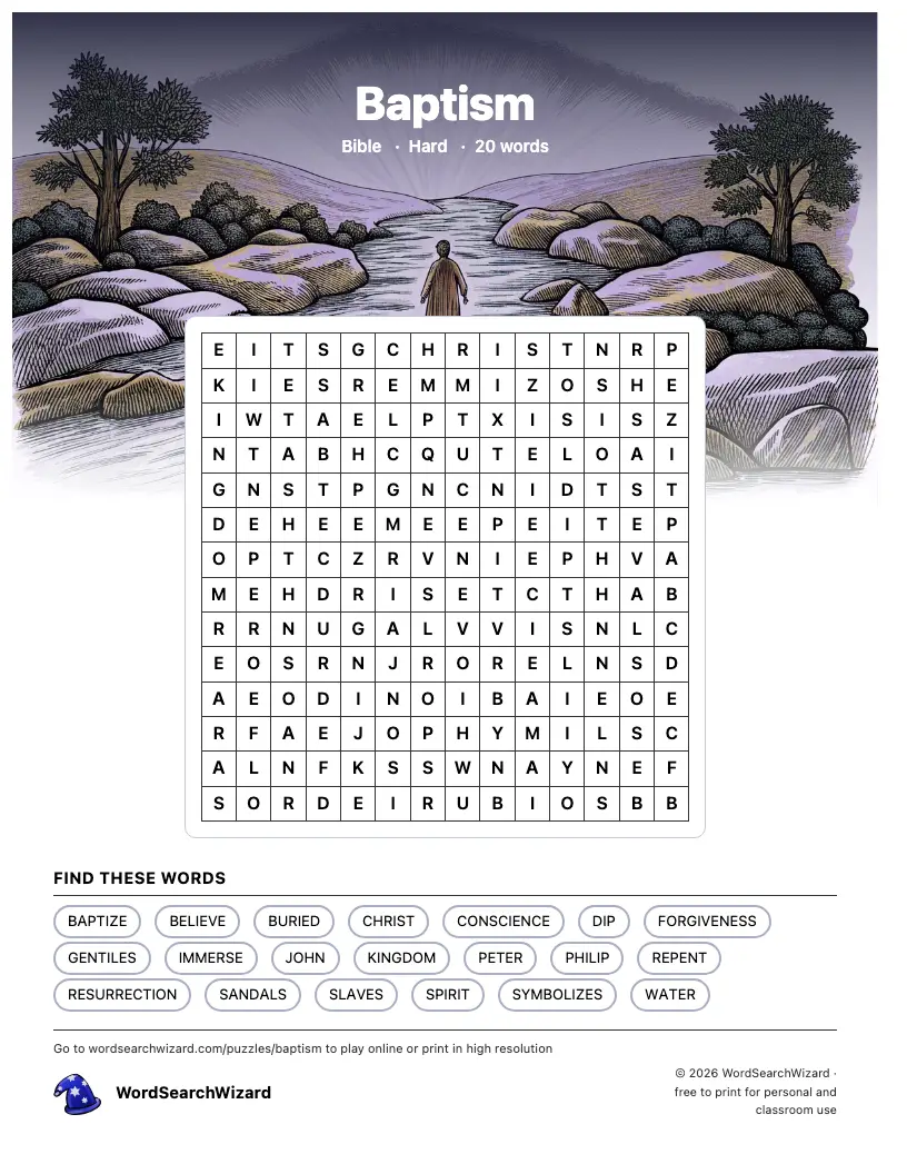 Baptism word search printable sheet, 20 words to find