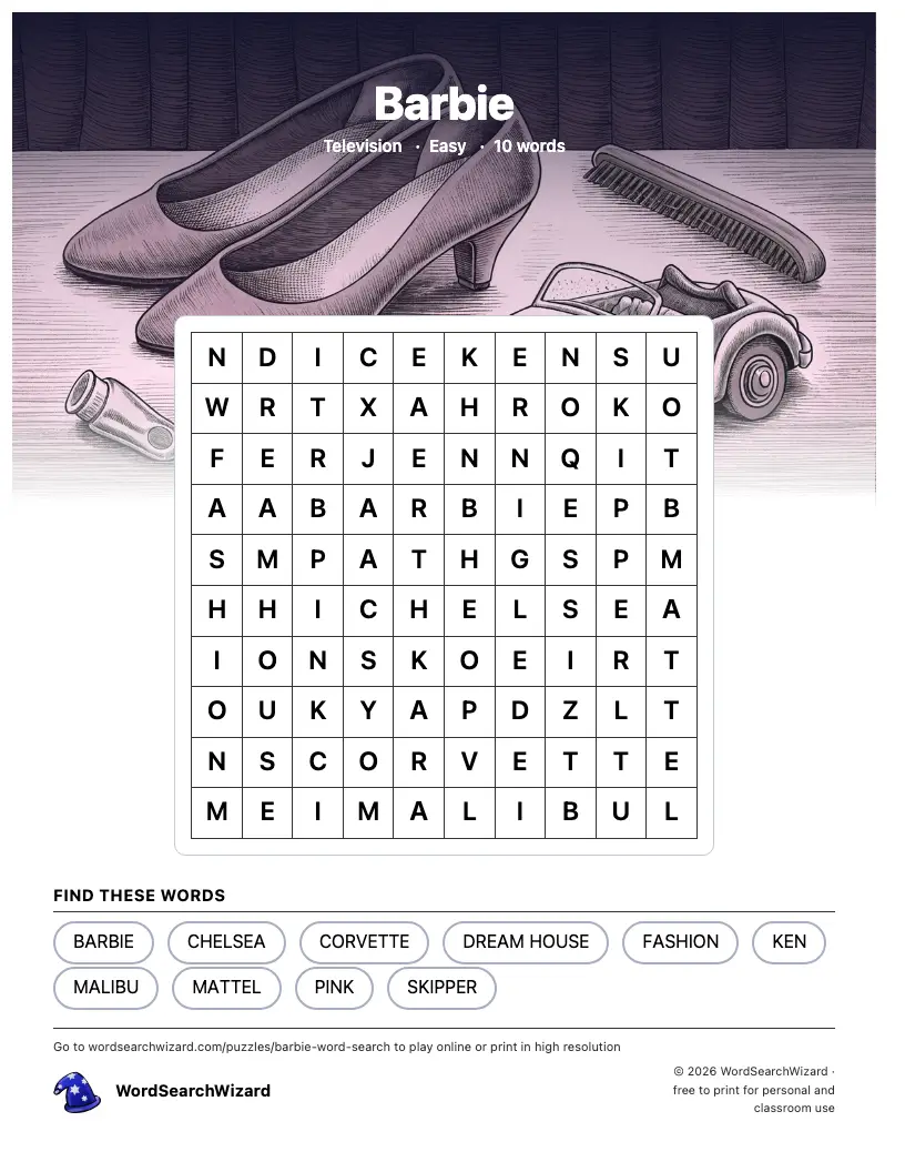 Barbie word search printable sheet, 10 words to find