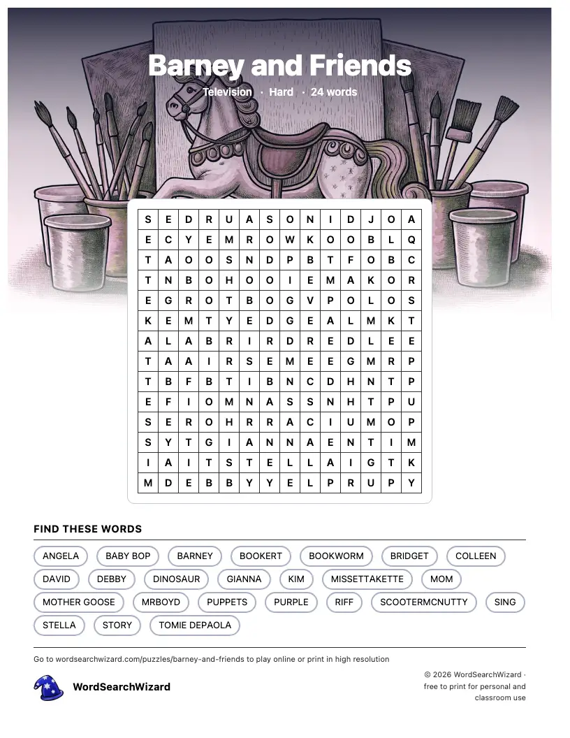 Barney and Friends word search printable sheet, 24 words to find