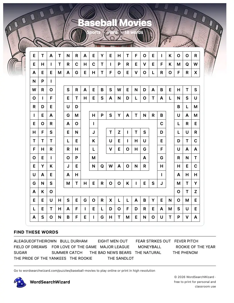 Baseball Movies word search printable sheet, 18 words to find