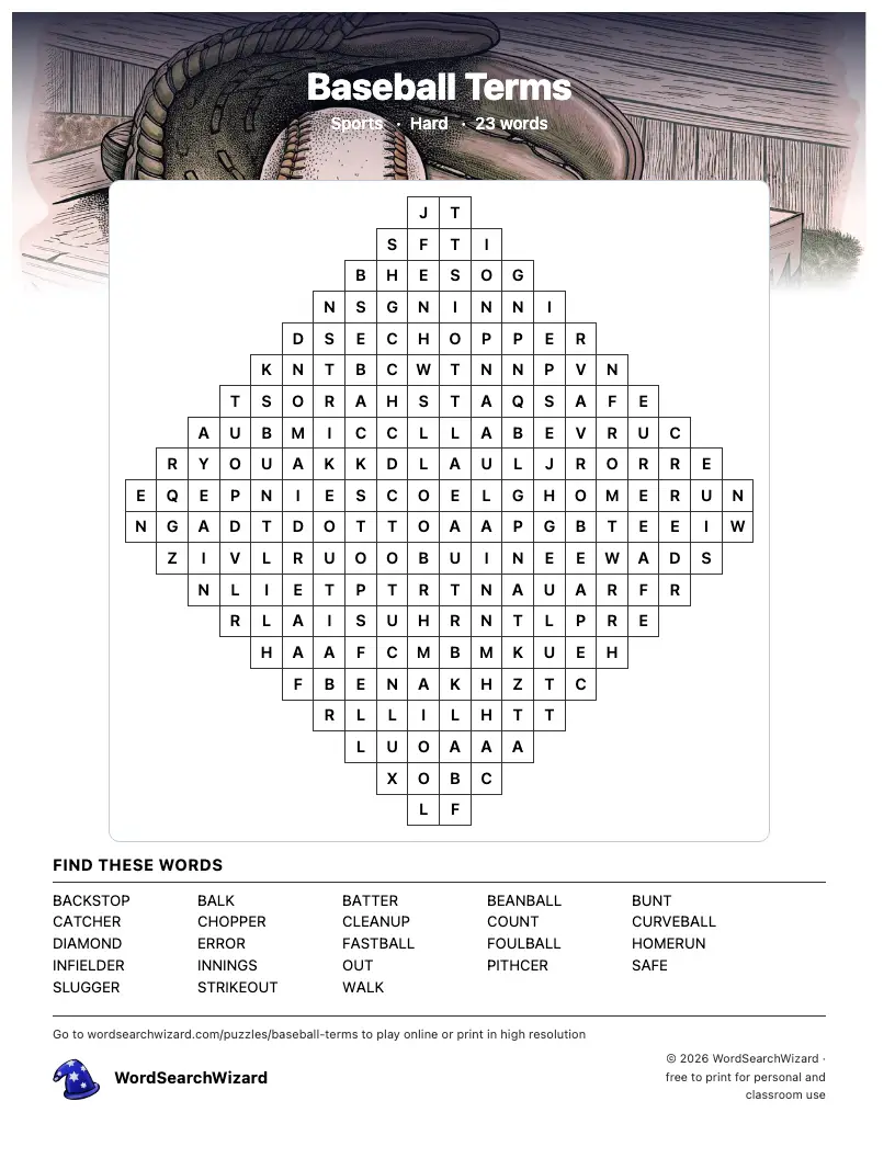 Baseball Terms word search printable sheet, 23 words to find