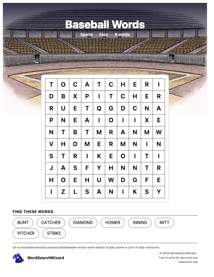 Baseball Words word search printable sheet, 8 words to find