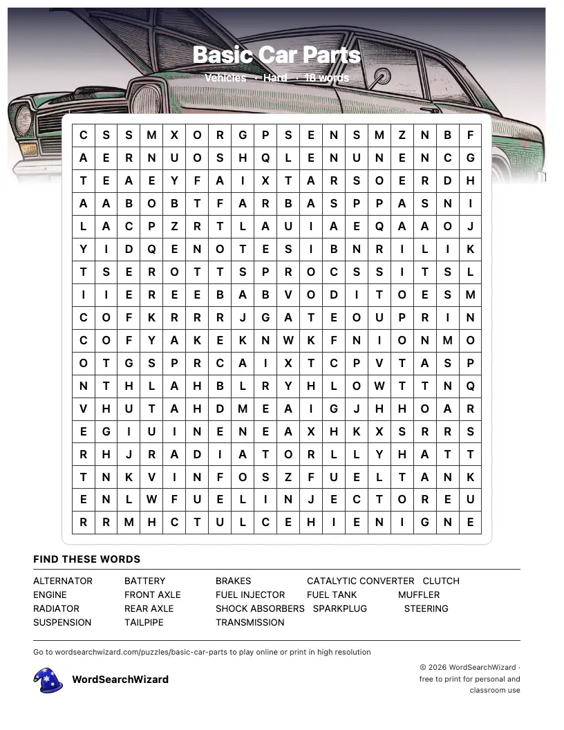 Basic Car Parts word search printable sheet, 18 words to find