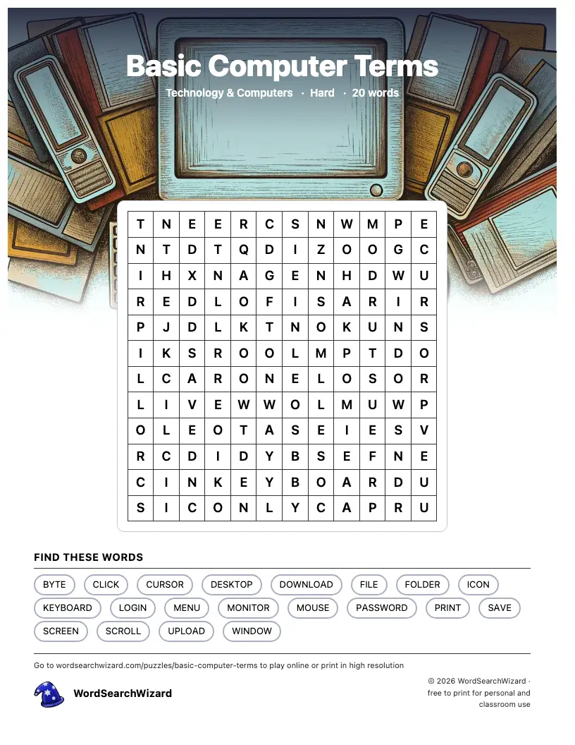 Basic Computer Terms word search printable sheet, 20 words to find