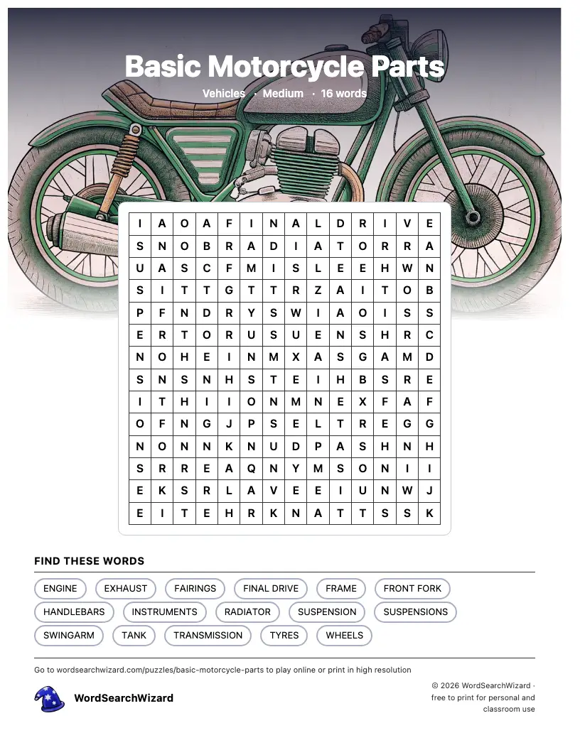 Basic Motorcycle Parts word search printable sheet, 16 words to find