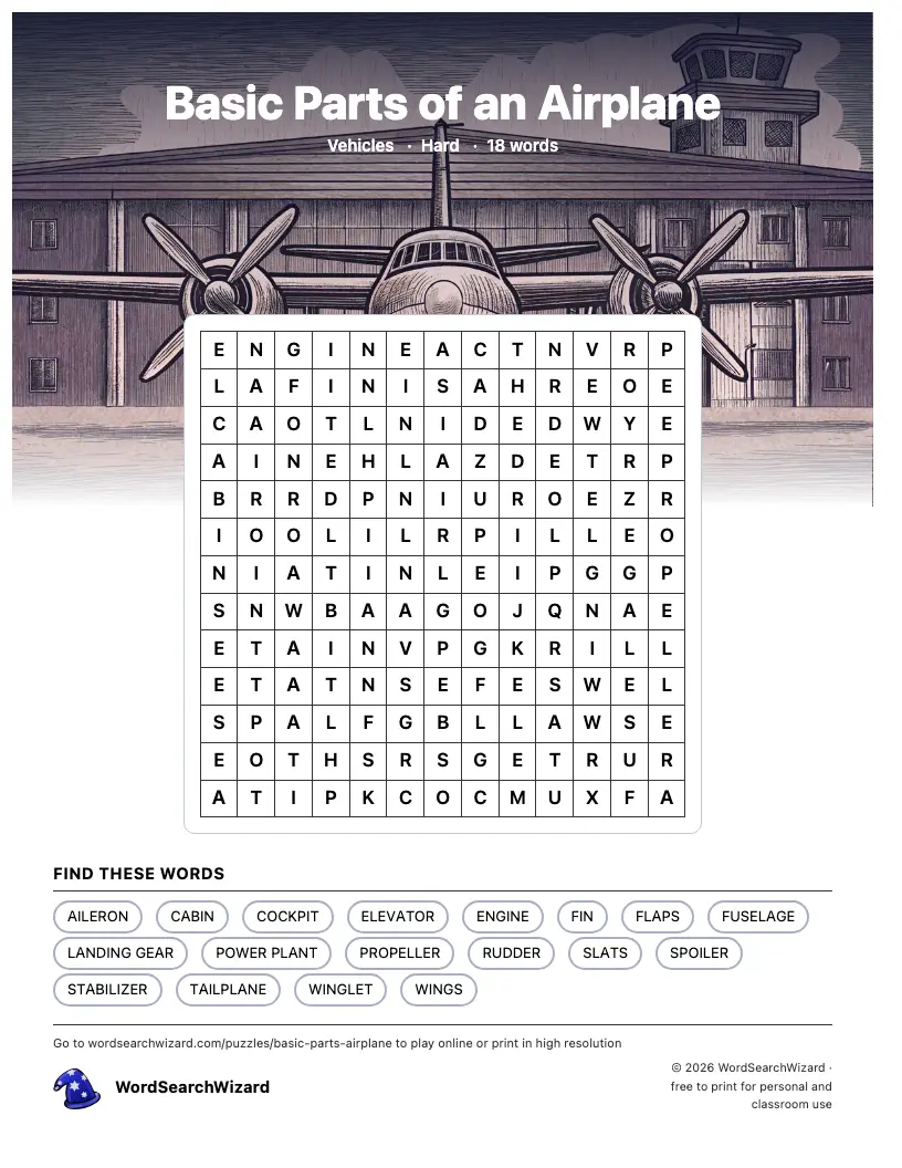 Basic Parts of an Airplane word search printable sheet, 18 words to find