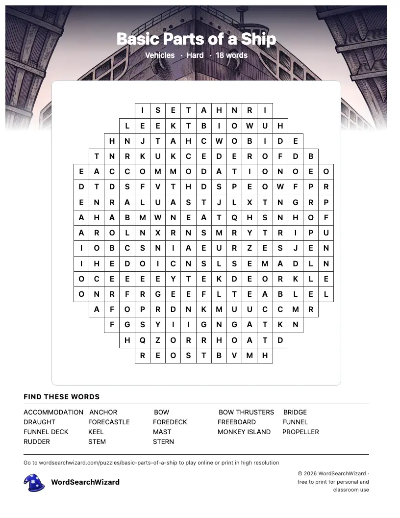 Basic Parts of a Ship word search printable sheet, 18 words to find