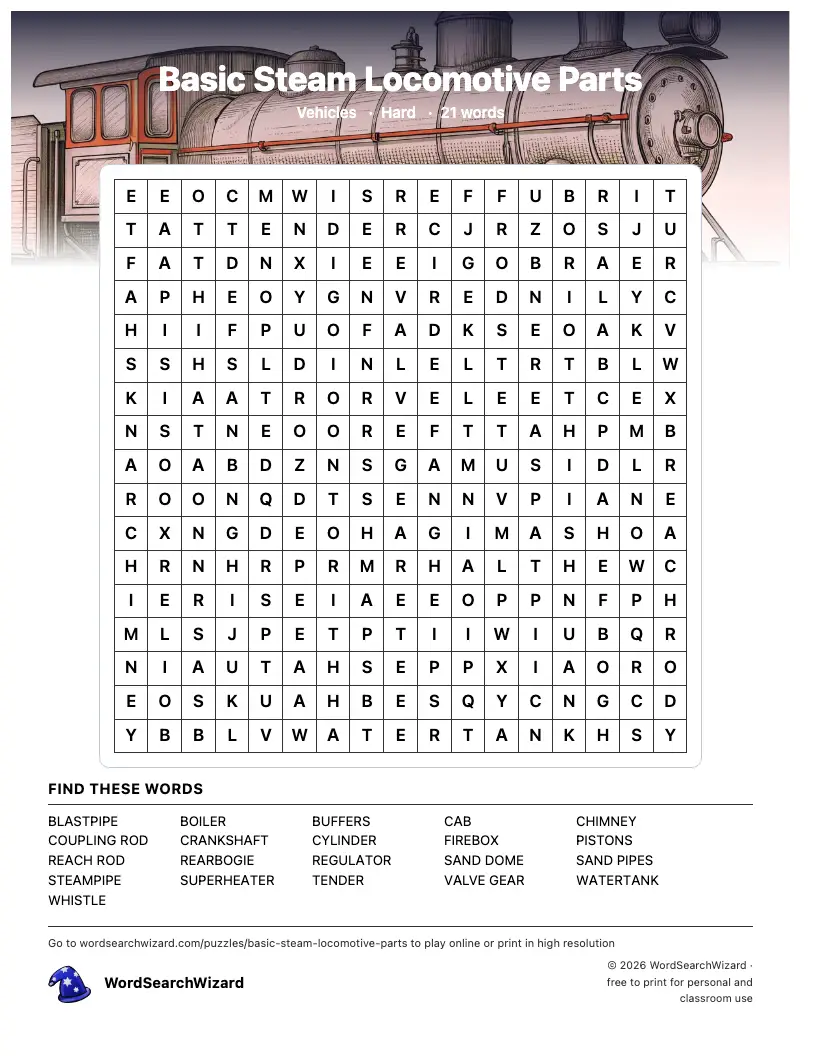 Basic Steam Locomotive Parts word search printable sheet, 21 words to find