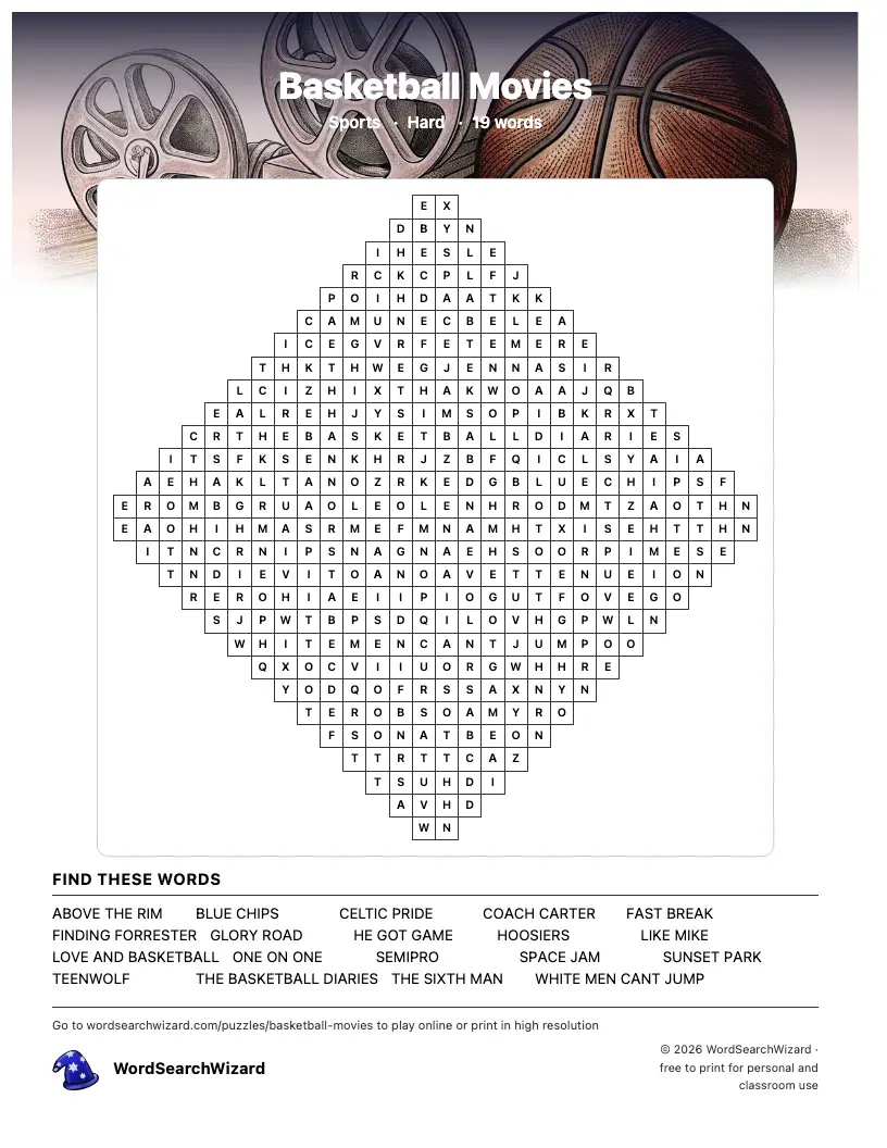 Basketball Movies word search printable sheet, 19 words to find