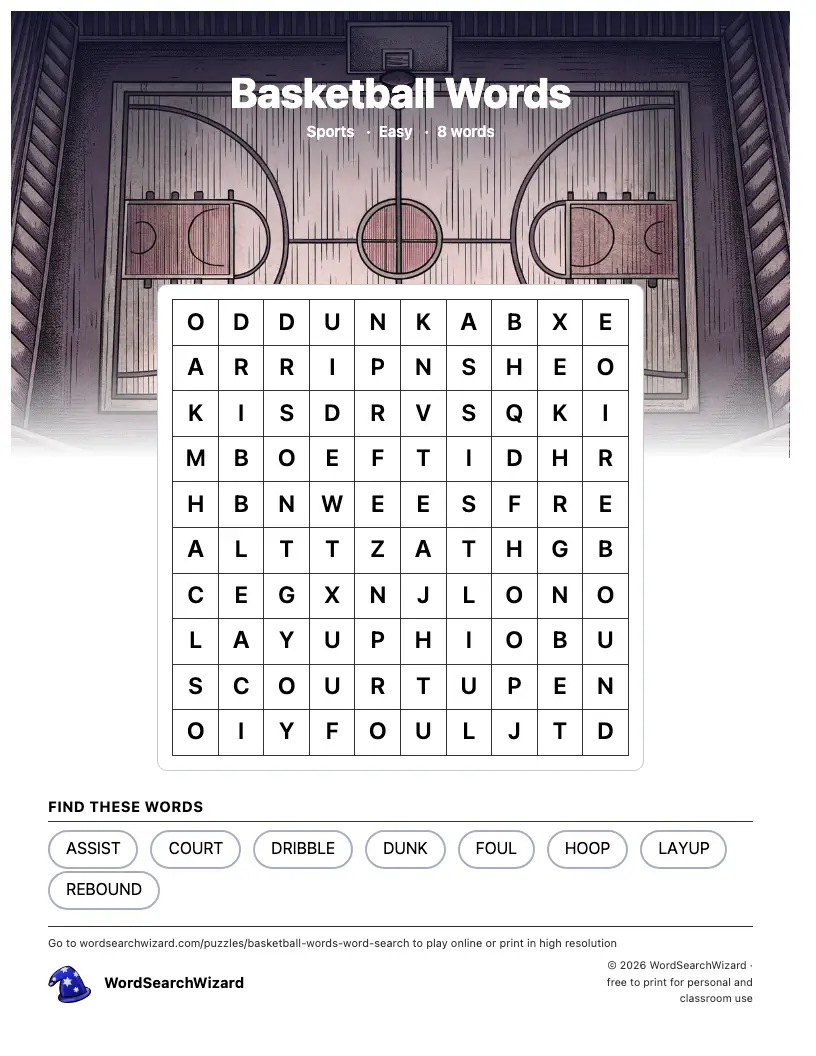 Basketball Words word search printable sheet, 8 words to find