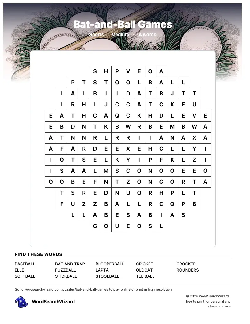 Bat-and-Ball Games word search printable sheet, 14 words to find