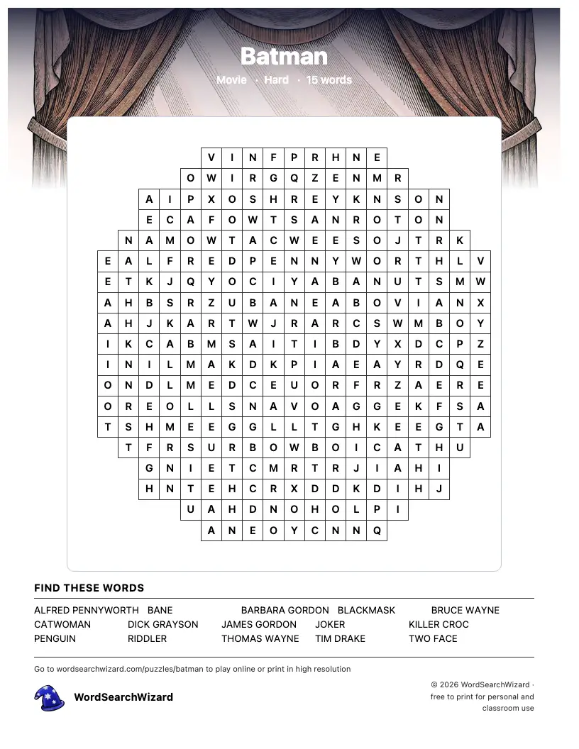 Batman word search printable sheet, 15 words to find