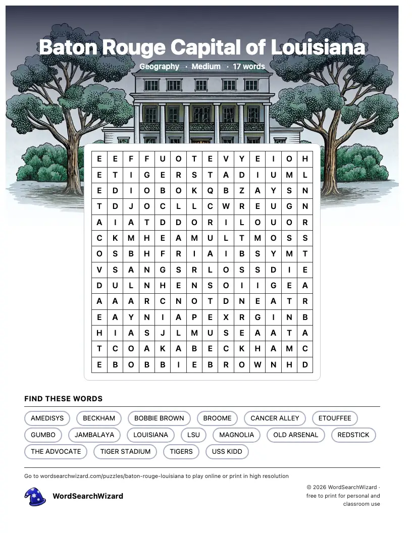Baton Rouge Capital of Louisiana word search printable sheet, 17 words to find