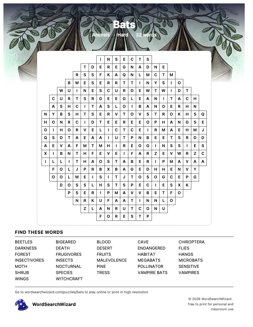 Bats word search printable sheet, 32 words to find