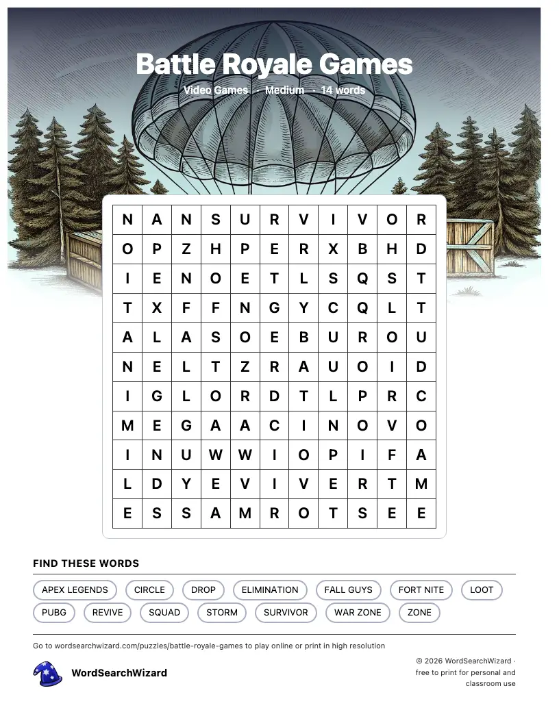 Battle Royale Games word search printable sheet, 14 words to find