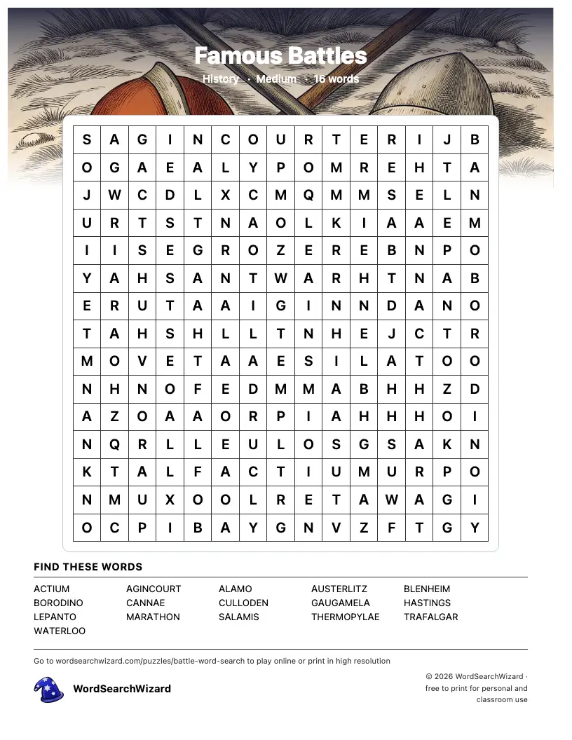 Famous Battles word search printable sheet, 16 words to find