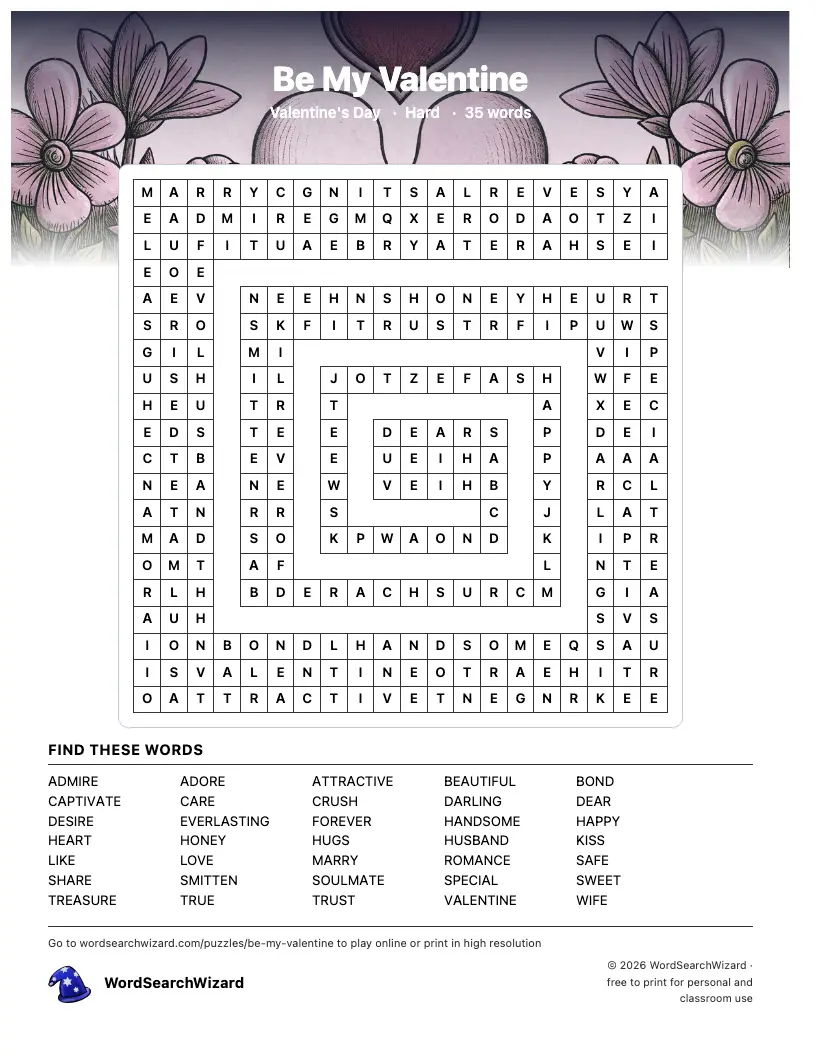 Be My Valentine word search printable sheet, 35 words to find