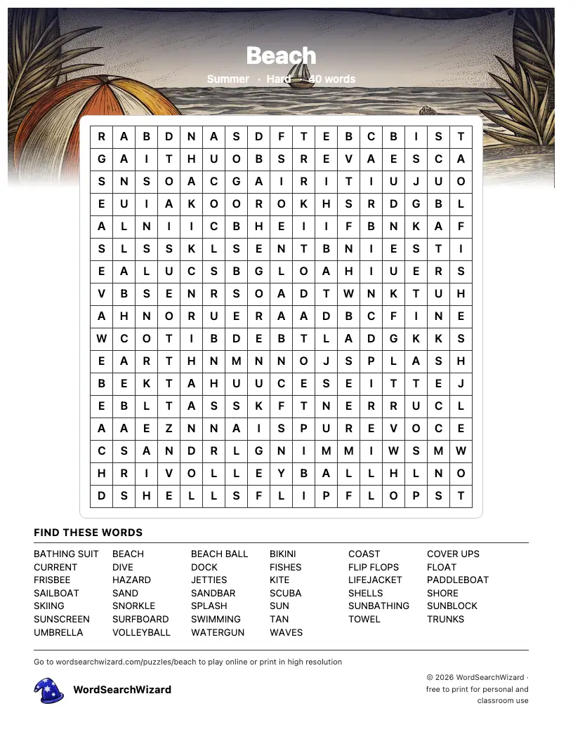 Beach word search printable sheet, 40 words to find