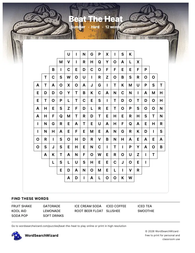 Beat The Heat word search printable sheet, 12 words to find