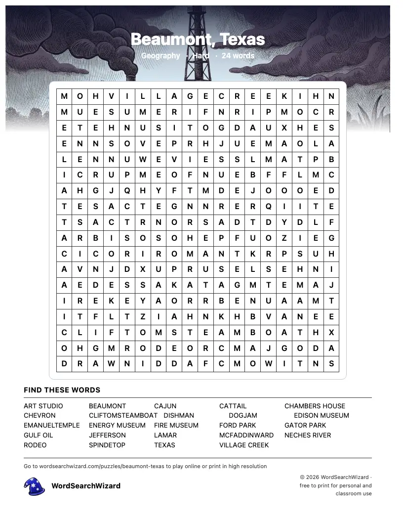 Beaumont, Texas word search printable sheet, 24 words to find
