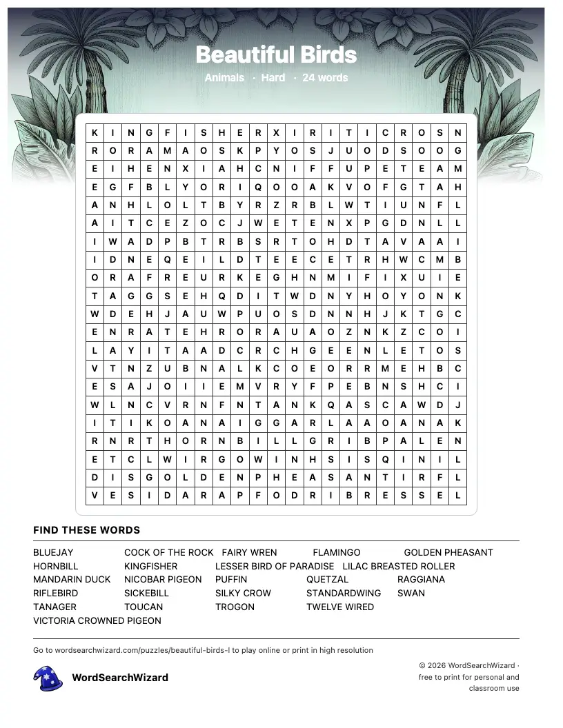 Beautiful Birds word search printable sheet, 24 words to find