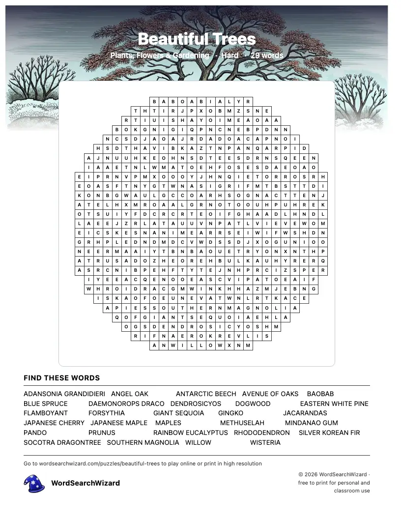 Beautiful Trees word search printable sheet, 29 words to find