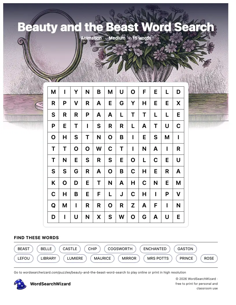 Beauty and the Beast word search printable sheet, 15 words to find