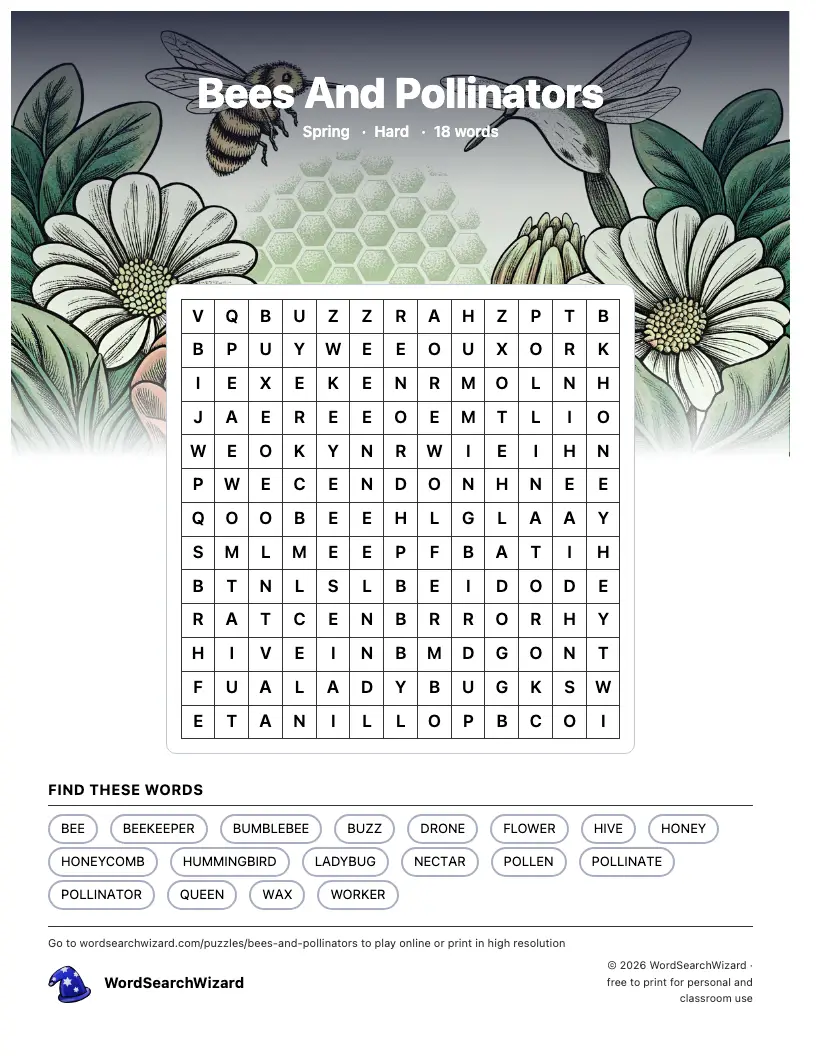Bees And Pollinators word search printable sheet, 18 words to find