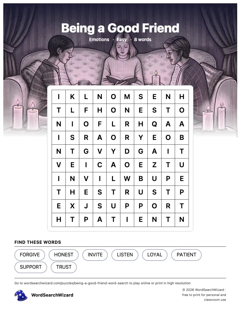 Being a Good Friend word search printable sheet, 8 words to find