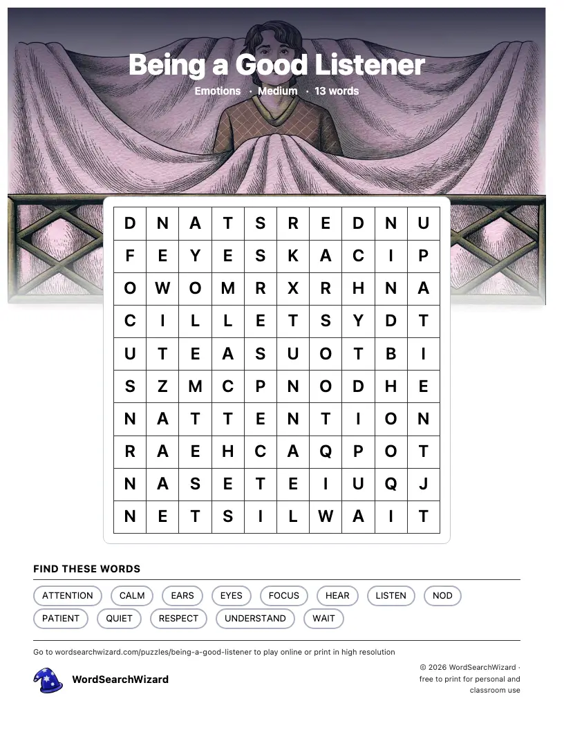 Being a Good Listener word search printable sheet, 13 words to find