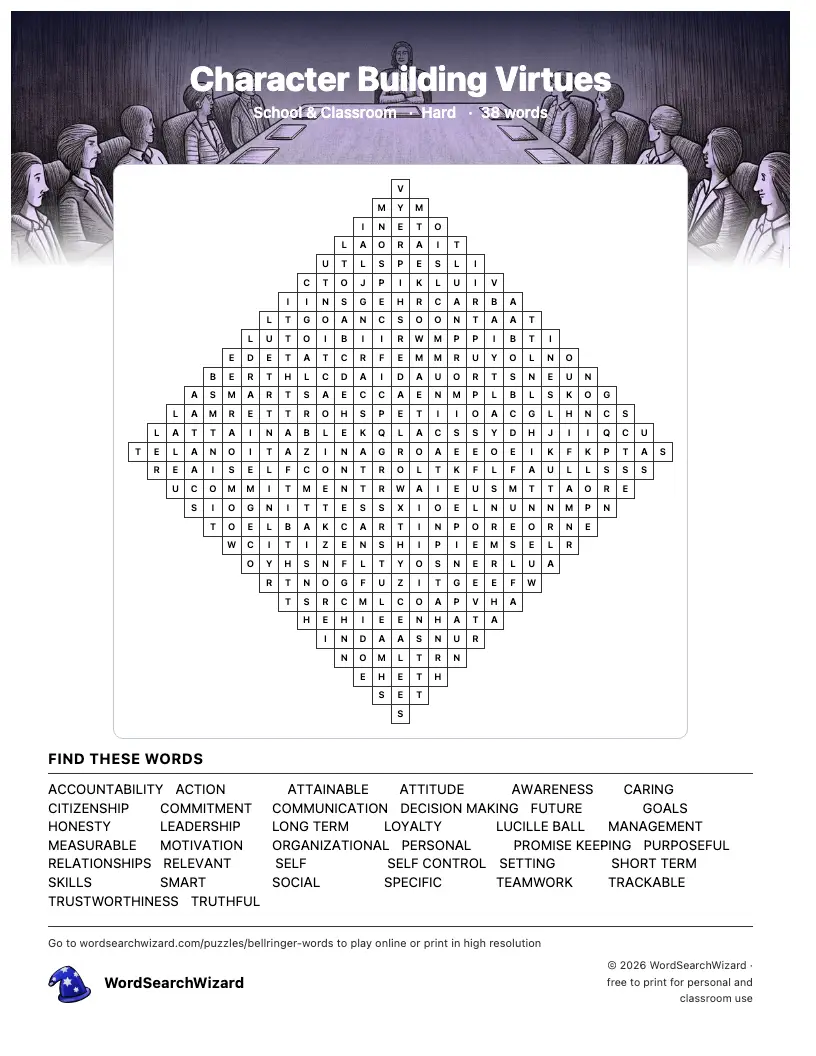 Character Building Virtues word search printable sheet, 38 words to find