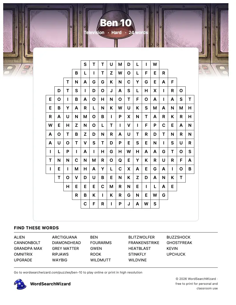 Ben 10 word search printable sheet, 24 words to find