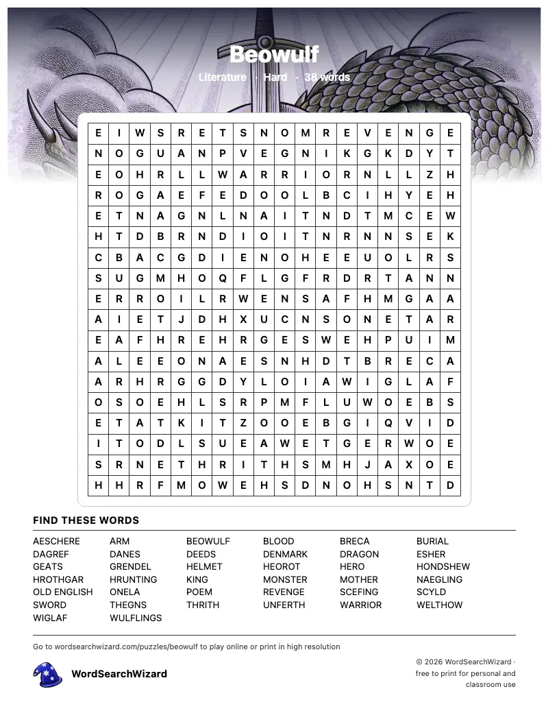 Beowulf word search printable sheet, 38 words to find