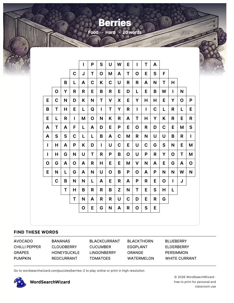 Berries word search printable sheet, 20 words to find