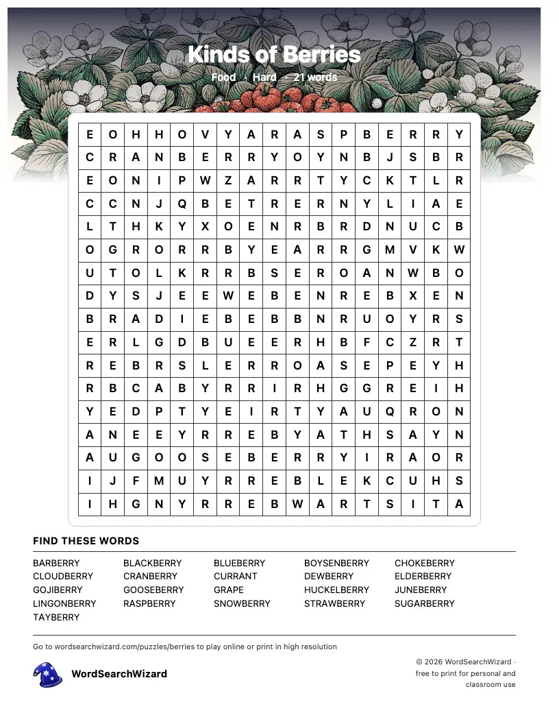 Kinds of Berries word search printable sheet, 21 words to find
